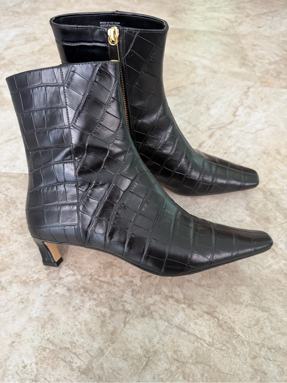 Michael Kors Croc-Embossed Black Leather Ankle Boots with Kitten Heel